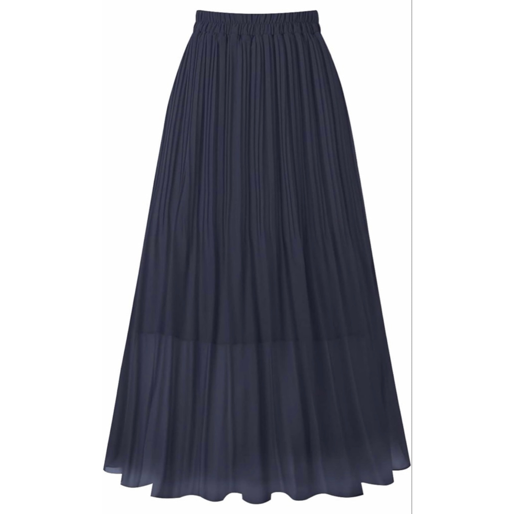 New Navy Blue Pleated Chiffon Elastic Waist A-Line Midi Skirt Xl